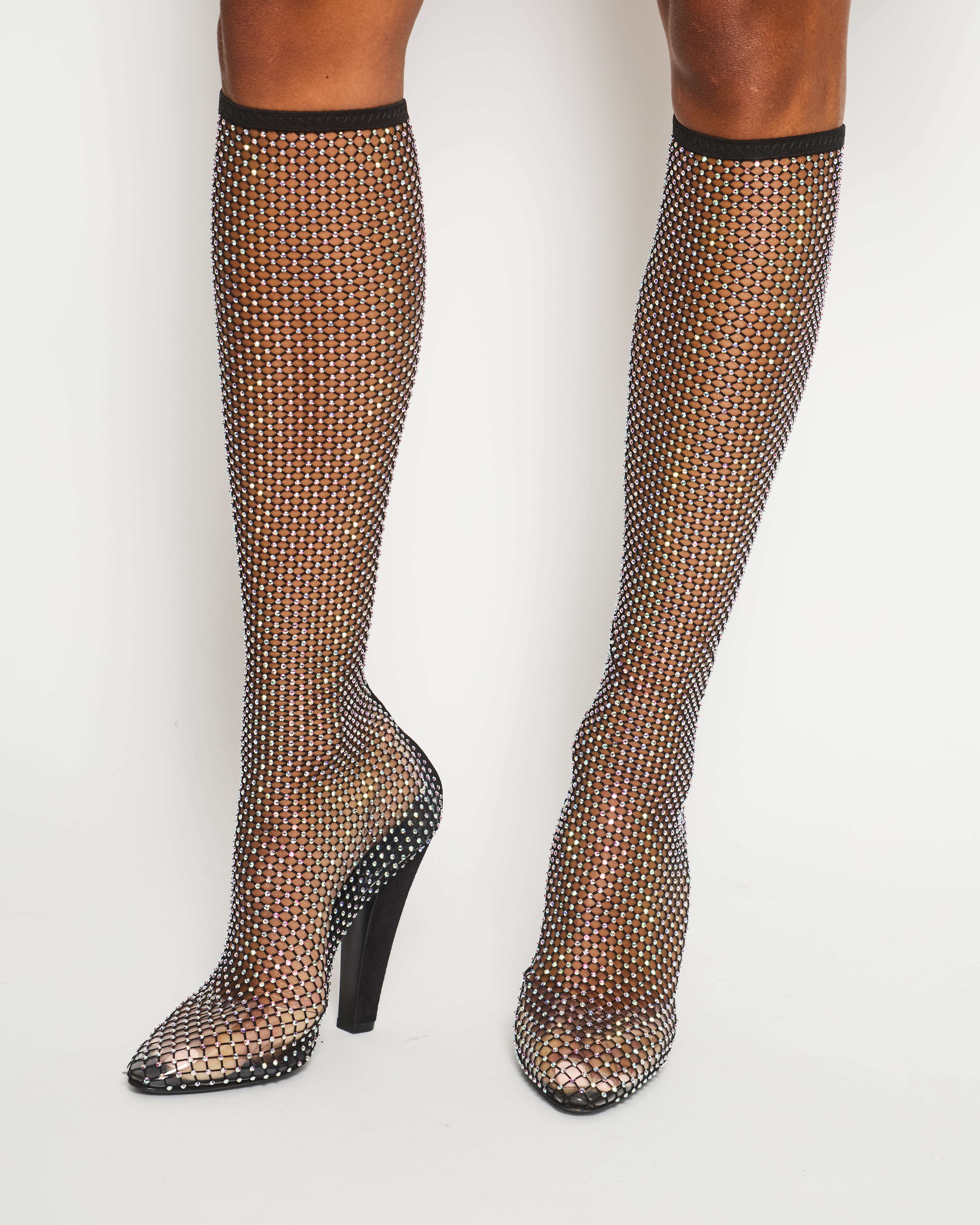 Saint Laurent Black Suede Trimmed Crystal Embellished Fishnet Knee Hig Sellier