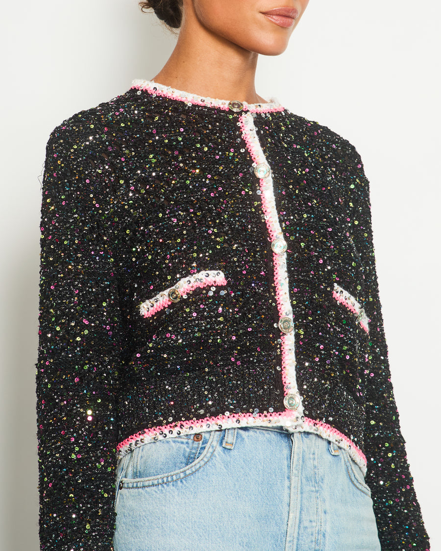 *SUPER HOT* Chanel 24 Black & Multicolour Sequin Cardigan with Pink & White Threads and CC Iridescent Logo Buttons Detail Size FR 36 (UK 8) RRP £5400