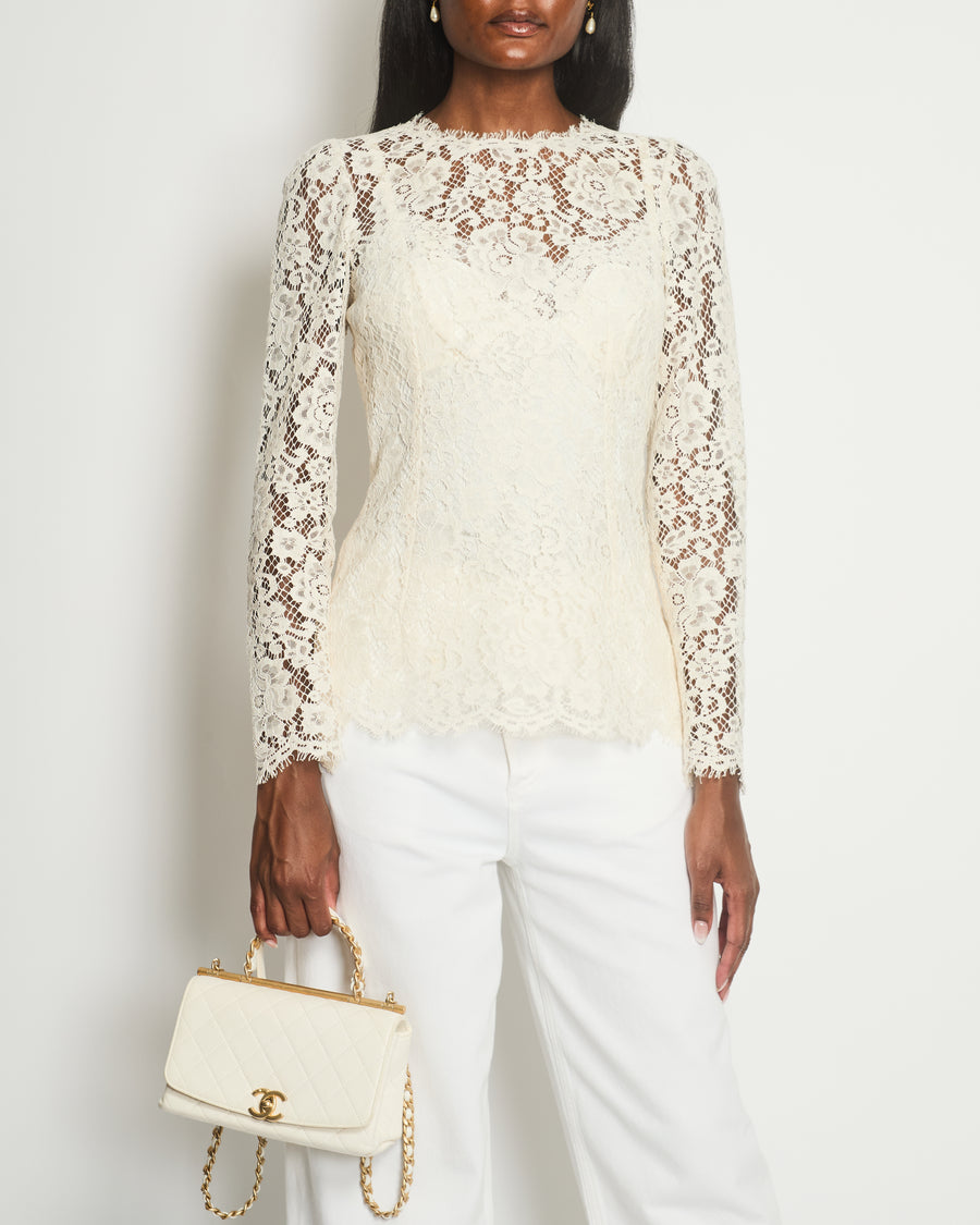 Dolce & Gabbana Cream Lace Long Sleeve Shirt with Silk Slip Detail Size IT 42 (UK 10)