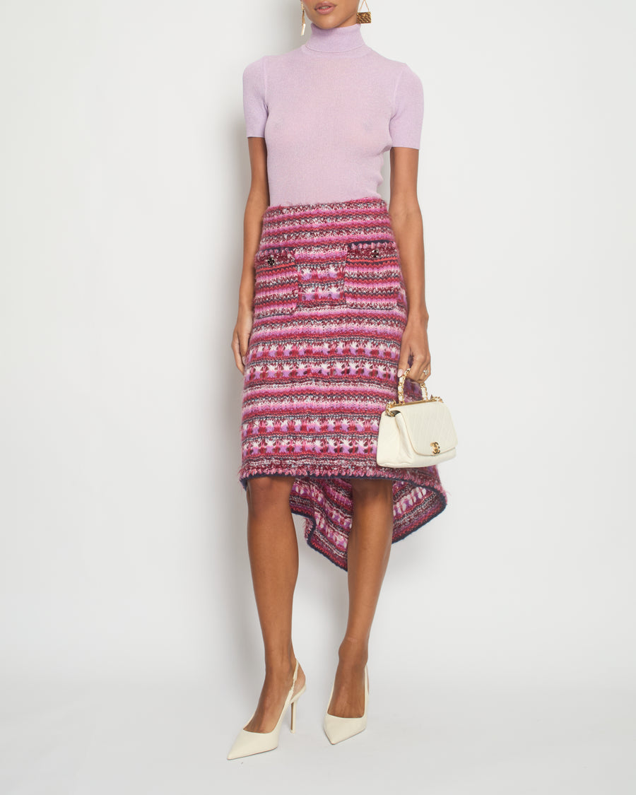 Chanel 22/A Pink Knitted Asymmetric Skirt with Jewel Button Detail FR 36 (UK 8)