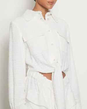 Chanel 21/C White Tweed Button Down Dress with CC Button Detail and Tie Detail Size FR 38 (UK 10)