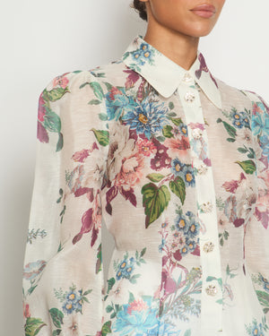 Zimmermann White, Burgundy Floral Print Shirt with Crystal Button Detail Size 0 (UK 6)