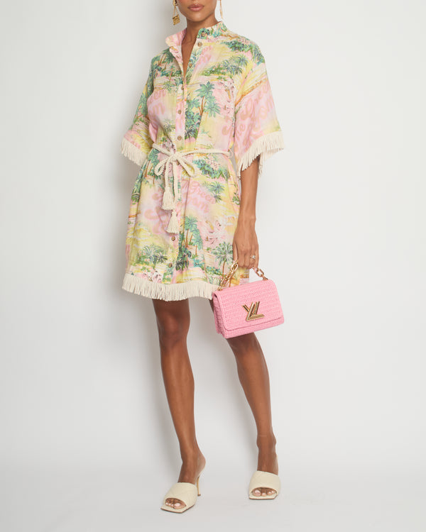 Zimmermann Pink Mid-Sleeve Palm Tree Print Dress with Fridge Tassel Detail Size 1 (UK 10)