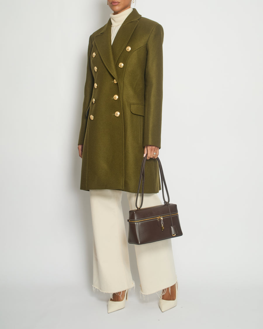 Balmain Khaki Knee-Length Coat With Gold Buttons and Shoulder Pads Size FR 44 (UK 16)