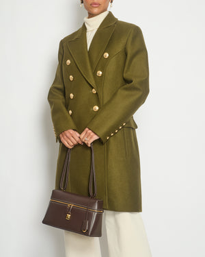 Balmain Khaki Knee-Length Coat With Gold Buttons and Shoulder Pads Size FR 44 (UK 16)