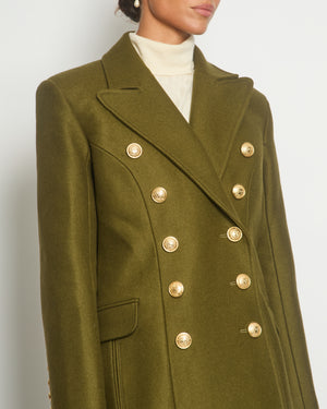 Balmain Khaki Knee-Length Coat With Gold Buttons and Shoulder Pads Size FR 44 (UK 16)