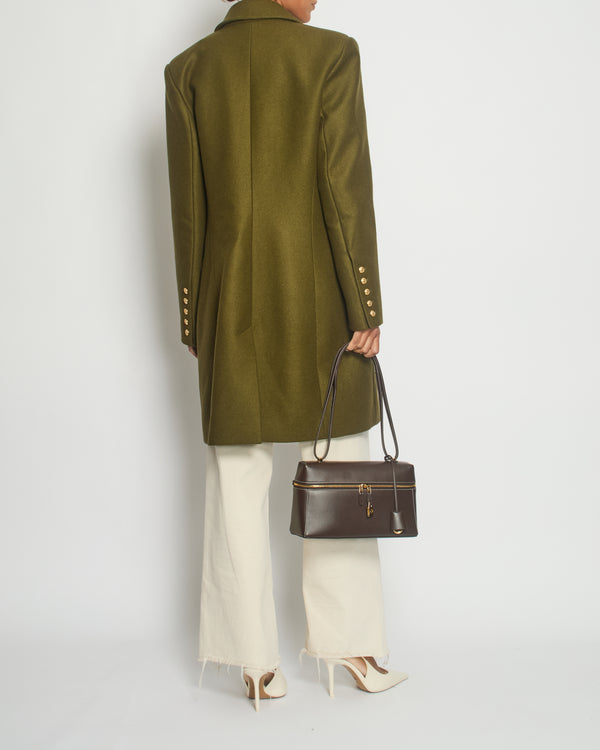 Balmain Khaki Knee-Length Coat With Gold Buttons and Shoulder Pads Size FR 44 (UK 16)