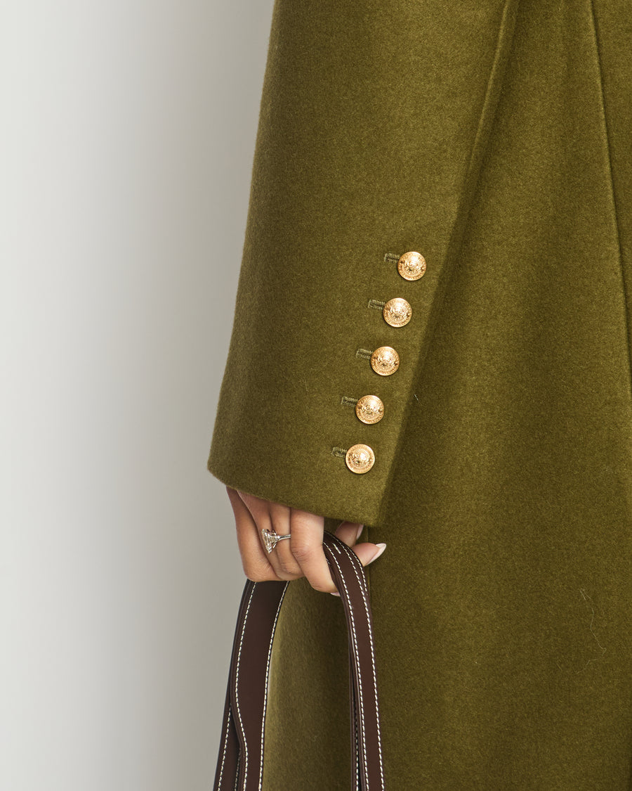 Balmain Khaki Knee-Length Coat With Gold Buttons and Shoulder Pads Size FR 44 (UK 16)