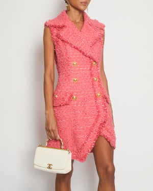 Balmain Coral Pink Sleeveless Tweed Asymmetric Mini Dress With Gold Buttons Size FR 38 (UK 10)