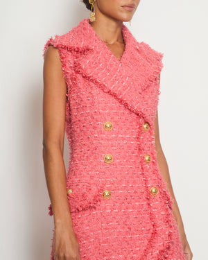 Balmain Coral Pink Sleeveless Tweed Asymmetric Mini Dress With Gold Buttons Size FR 38 (UK 10)