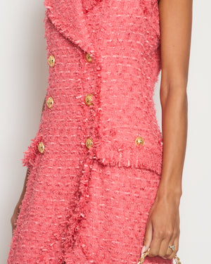 Balmain Coral Pink Sleeveless Tweed Asymmetric Mini Dress With Gold Buttons Size FR 38 (UK 10)