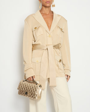 Balmain Beige Longline Belted Jacket with Gold Button Pocket Detail Size FR 46 (UK 18)