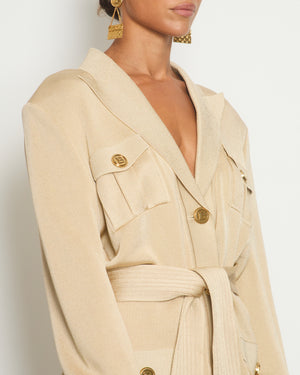 Balmain Beige Longline Belted Jacket with Gold Button Pocket Detail Size FR 46 (UK 18)