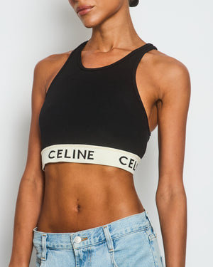 Celine Black Cropped Ribbed Vest with Elastic Waist Logo Size XL