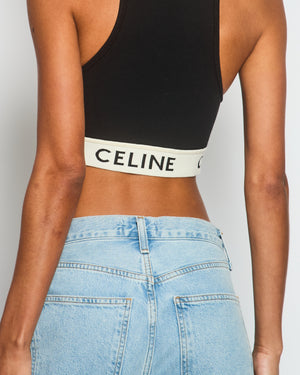 Celine Black Cropped Ribbed Vest with Elastic Waist Logo Size XL