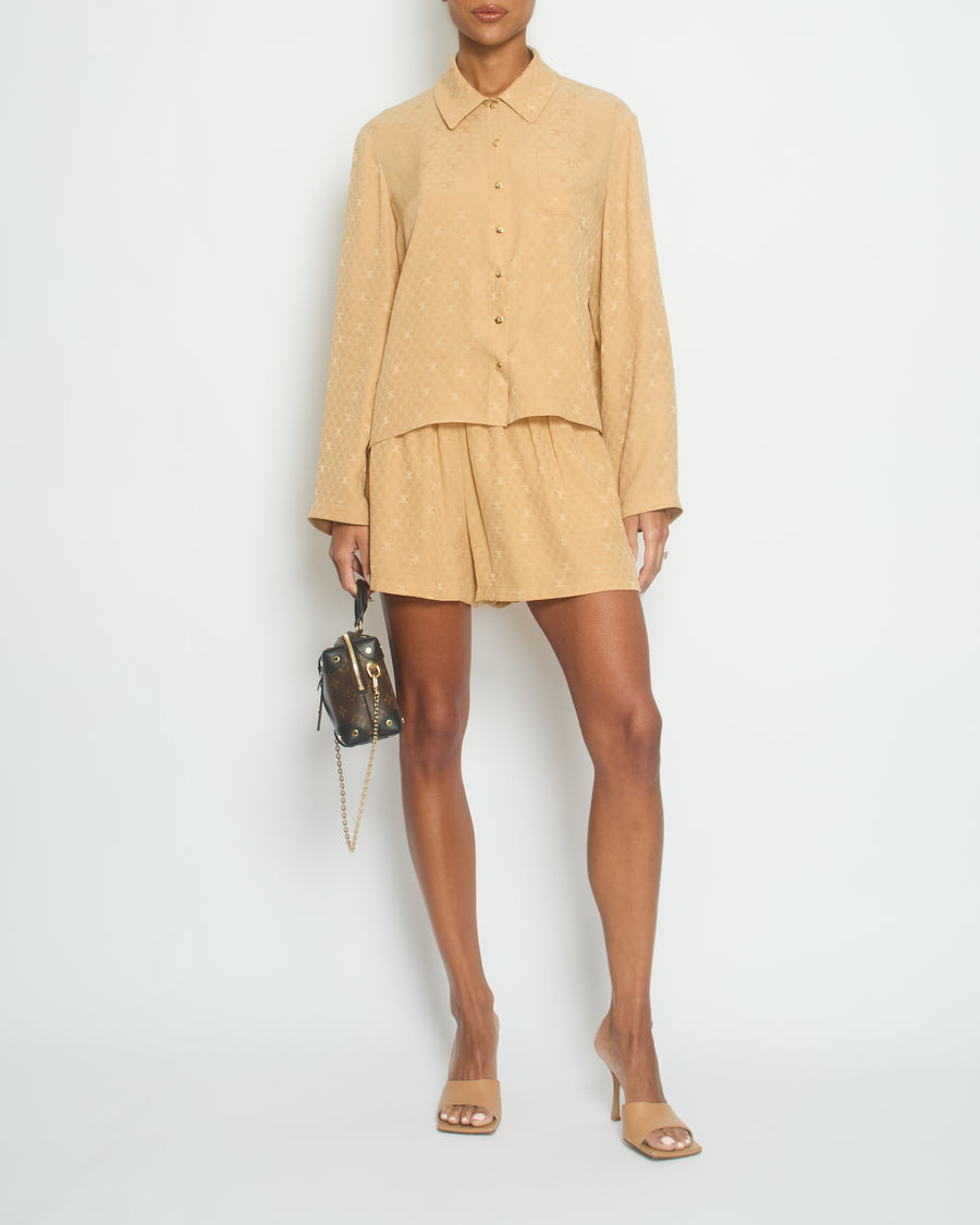 Céline Beige Printed Logo Silk Shirt and Short Set Size (Shirt FR 38 UK 10) (Shorts FR 40 UK 12)