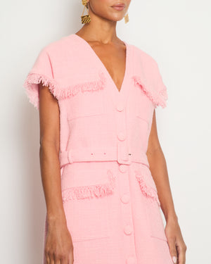 Huishan Zhang Pink Tweed Sleeveless Dress with Frilled Pockets & Belt Details FR 40 (UK 12)