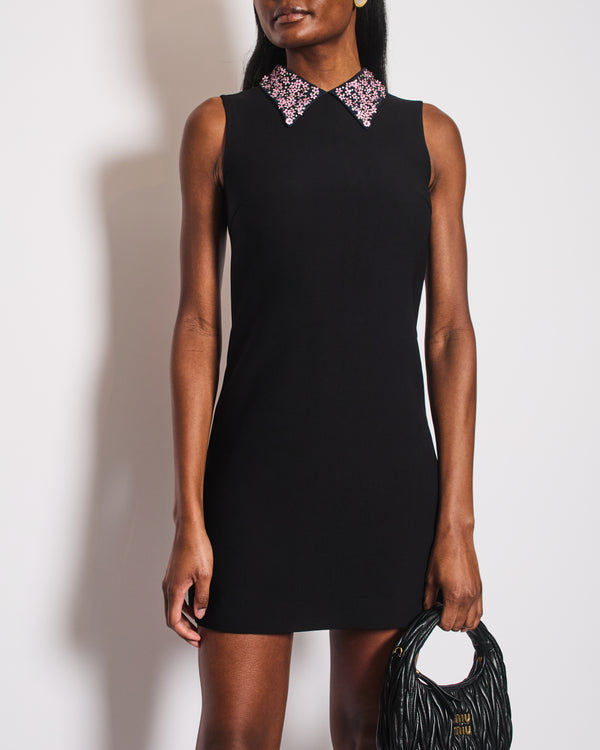 Miu Miu Black Sleeveless Mini Dress with Pink Floral Collar Detail Size IT 38 (UK 6)