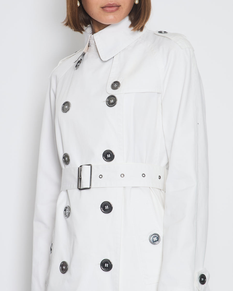 Burberry White Classic Trench Coat with Belt and Button Details Size UK 8