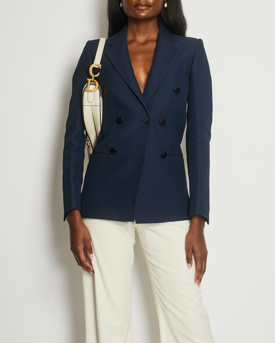 Celine Navy Double-Breasted Blazer with Lapel Detail Size FR 36 (UK 8)