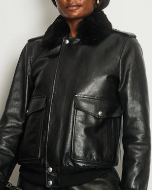 Celine Black Biker Bomber Jacket with Detachable Shearling Collar Size FR 36 (UK 8)