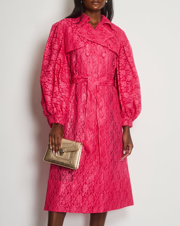 Huishan Zhang Fuchsia Lace Double Breasted Coat-Dress With Volume Sleeves FR 40 (UK 12)