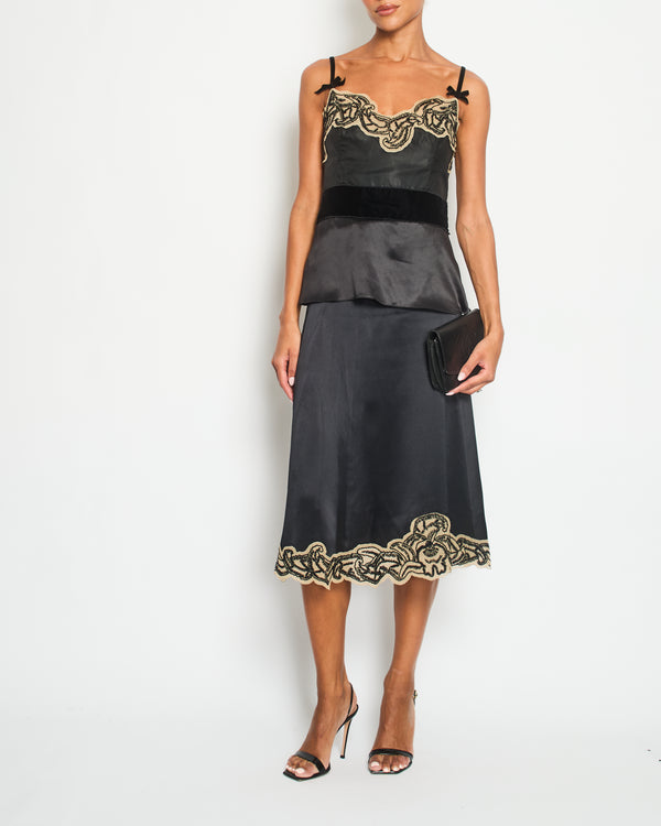 Prada Black Silk Lingerie Top and Midi Skirt Set with Embroidery Details Size IT 42 (UK 10)