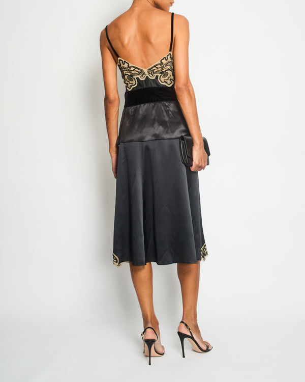 Prada Black Silk Lingerie Top and Midi Skirt Set with Embroidery Details Size IT 42 (UK 10)