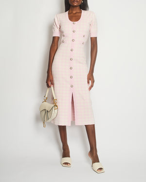 Alessandra Rich Pink, Cream Check Short-Sleeve Midi Dress with Pearl Button Detail Size IT 42 (UK 10)