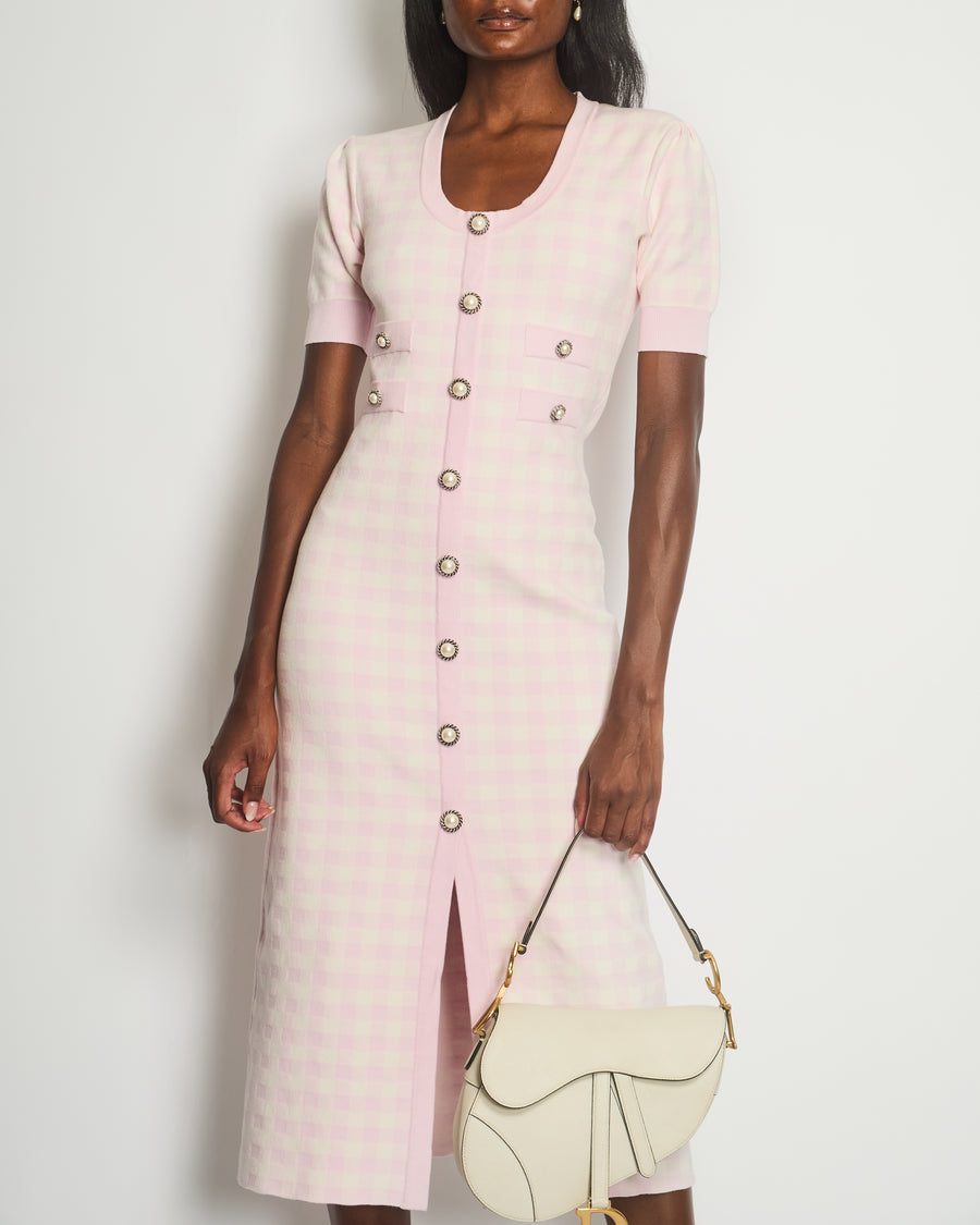 Alessandra Rich Pink, Cream Check Short-Sleeve Midi Dress with Pearl Button Detail Size IT 42 (UK 10)