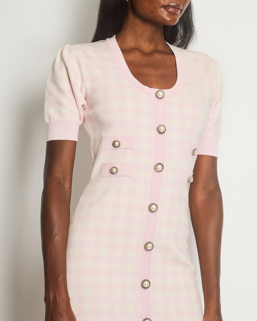 Alessandra Rich Pink, Cream Check Short-Sleeve Midi Dress with Pearl Button Detail Size IT 42 (UK 10)