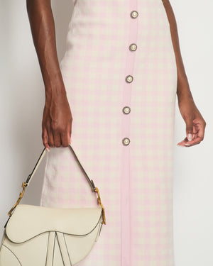 Alessandra Rich Pink, Cream Check Short-Sleeve Midi Dress with Pearl Button Detail Size IT 42 (UK 10)