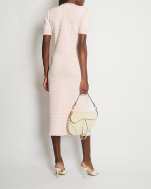 Alessandra Rich Pink, Cream Check Short-Sleeve Midi Dress with Pearl Button Detail Size IT 42 (UK 10)