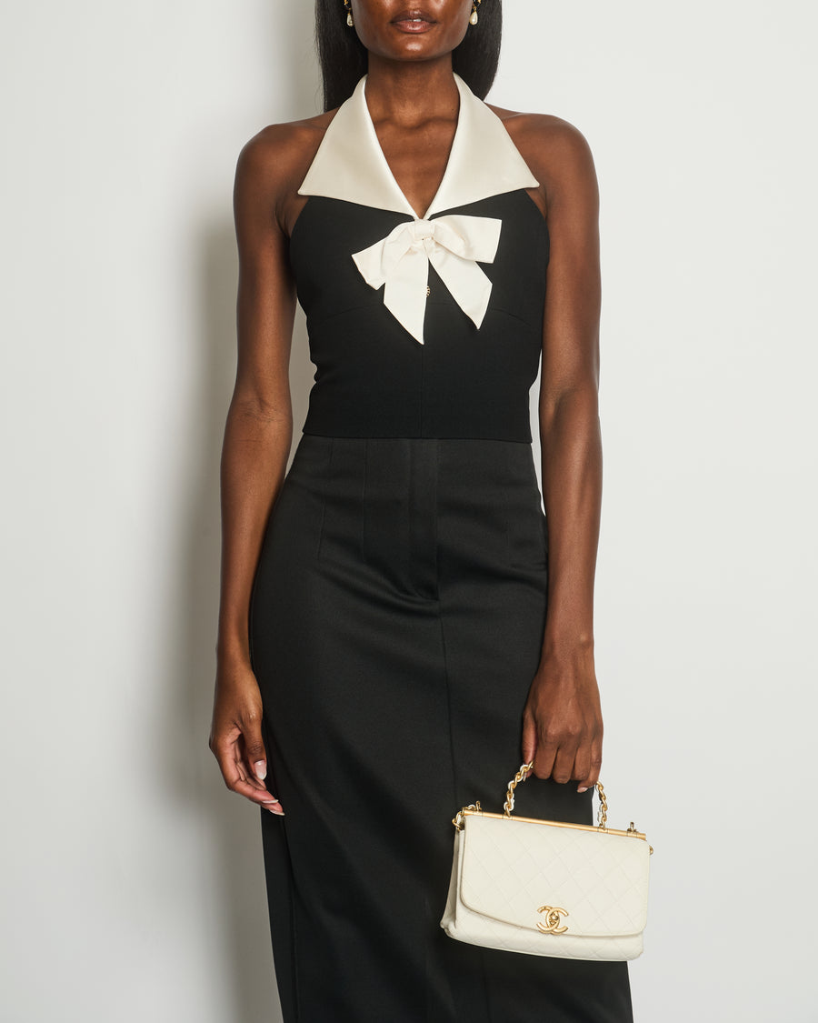 Saint Laurent Black Halter Neck Waist Coat Top with White Satin Collars and Bow Detail Size FR 38 (UK 10)