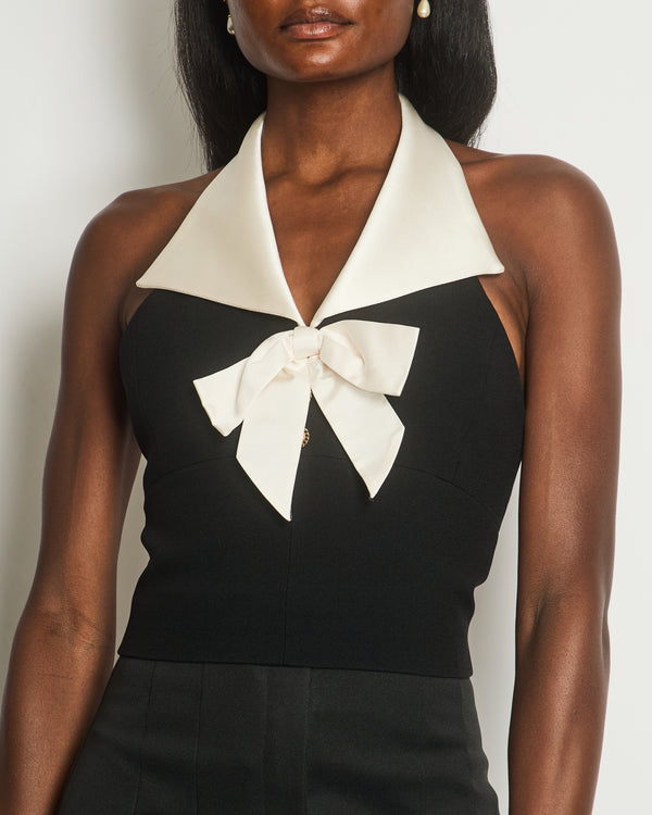 Saint Laurent Black Halter Neck Waist Coat Top with White Satin Collars and Bow Detail Size FR 38 (UK 10)