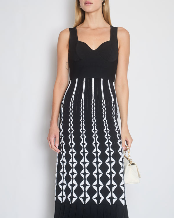 Alaia Black Knit Sleeveless Bustier Midi Dress with White Geometric Cut Out Details Size FR 40 (UK 12)