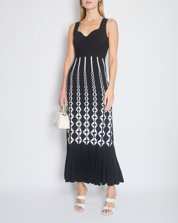 Alaia Black Knit Sleeveless Bustier Midi Dress with White Geometric Cut Out Details Size FR 40 (UK 12)