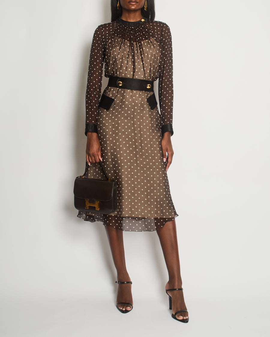 Prada Chocolate Brown & White Polka Dot Midi Dress with Satin Pockets & Belt Detail Size IT 40 (UK 8)