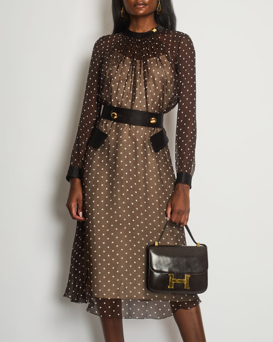 Prada Chocolate Brown & White Polka Dot Midi Dress with Satin Pockets & Belt Detail Size IT 40 (UK 8)