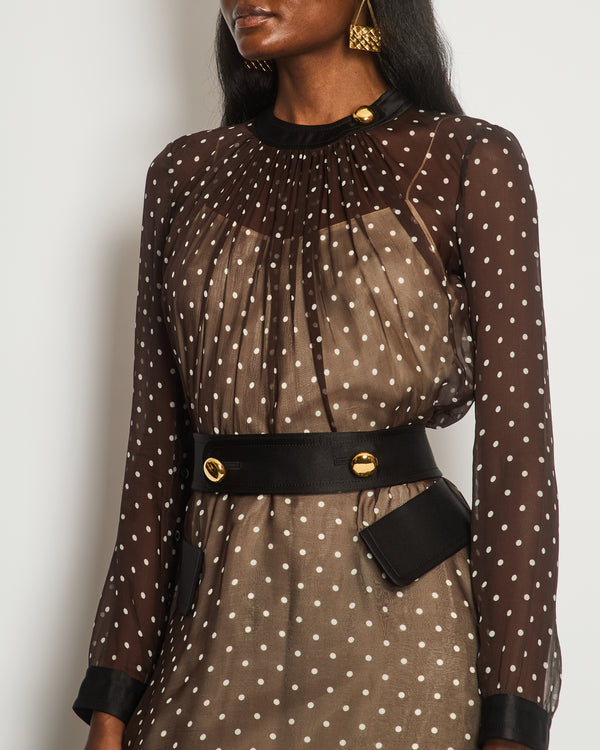 Prada Chocolate Brown & White Polka Dot Midi Dress with Satin Pockets & Belt Detail Size IT 40 (UK 8)