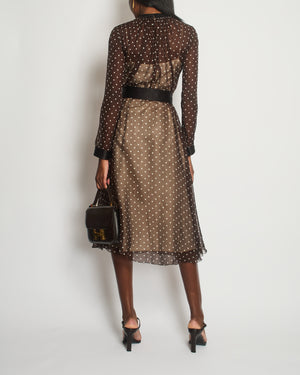 Prada Chocolate Brown & White Polka Dot Midi Dress with Satin Pockets & Belt Detail Size IT 40 (UK 8)