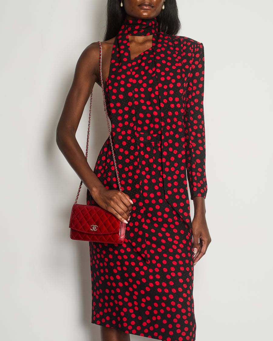 Saint Laurent Black, Red Polkadot Silk Off-Shoulder Midi Dress With Scarf Size FR 40 (UK 12)