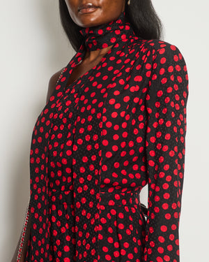 Saint Laurent Black, Red Polkadot Silk Off-Shoulder Midi Dress With Scarf Size FR 40 (UK 12)