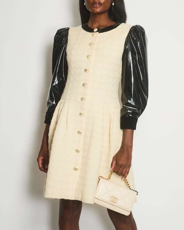 Gucci Cream Tweed Midi Dress With Decorative Buttons, Black Vinyl Sleeves Black Velvet Trim Size IT 40 (UK 8)