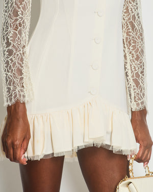 Ulyana Sergeenko Cream Mini Dress With Lace Sleeve and Pleated Hem Detail FR 38 (UK 10)