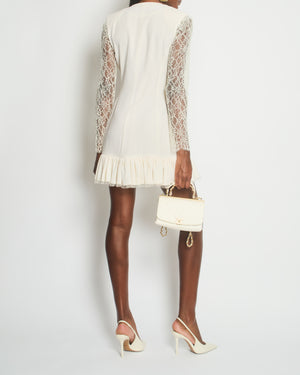 Ulyana Sergeenko Cream Mini Dress With Lace Sleeve and Pleated Hem Detail FR 38 (UK 10)