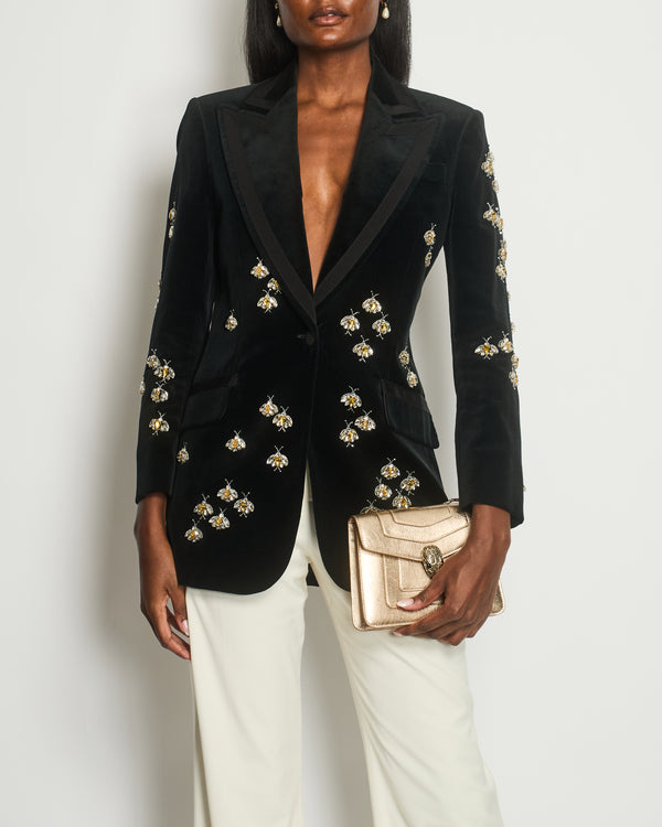 Gucci Black Velvet Blazer with Crystal Embellished Bees Detail Size IT 40 (UK 8)