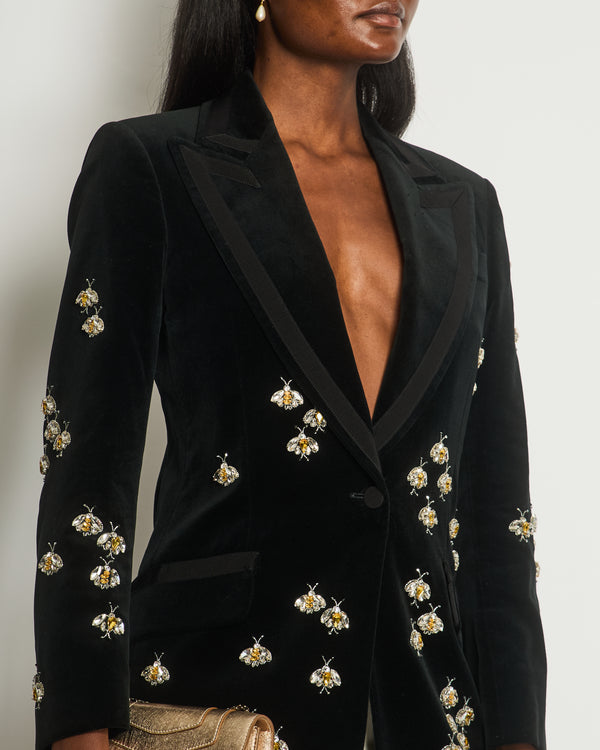 Gucci Black Velvet Blazer with Crystal Embellished Bees Detail Size IT 40 (UK 8)