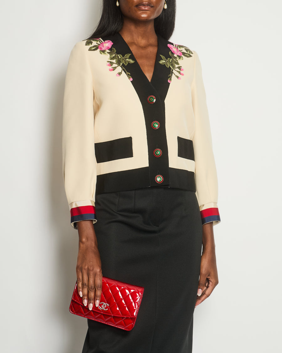 Gucci Cream Jacket with Floral Embroideries and Red & Green GG Buttons Details Size IT 40 (UK 8)