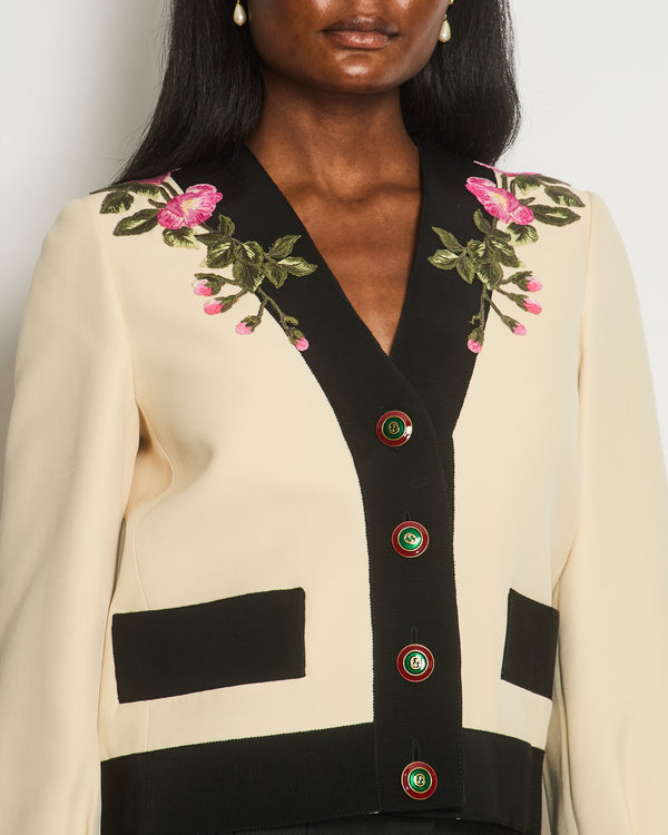 Gucci Cream Jacket with Floral Embroideries and Red & Green GG Buttons Details Size IT 40 (UK 8)